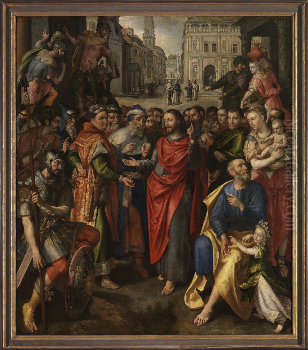 De tolpenning (Matteus 17:24-27; links), de cijnspenning (Lucas 20:21-26; midden), de parabel van de arme weduwe (Marcus 21:41-44; rechts) (Altaar van het muntmakersambacht) Oil Painting by Maerten De Vos De tolpenning (Matteus 17:24-27; links), de cijnspenning (Lucas 20:21-26; midden), de parabel van de arme weduwe (Marcus 21:41-44; rechts) (Altaar van het muntmakersambacht) Oil Painting by Maerten De Vos