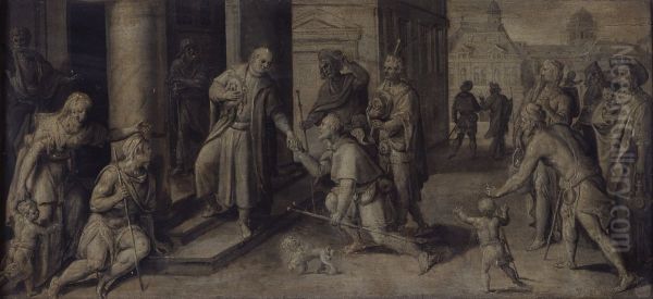 Heilige Lucas geeft een aalmoes aan drie pelgrims Oil Painting by Maerten De Vos