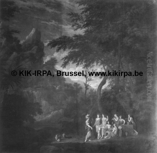 Minerva and the Muses in a Landscape Oil Painting by Abraham Genoels