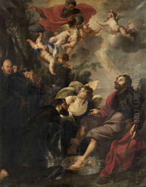 Heilige Augustinus van Hippo wast de voeten van Christus Oil Painting by Theodoor Rombouts