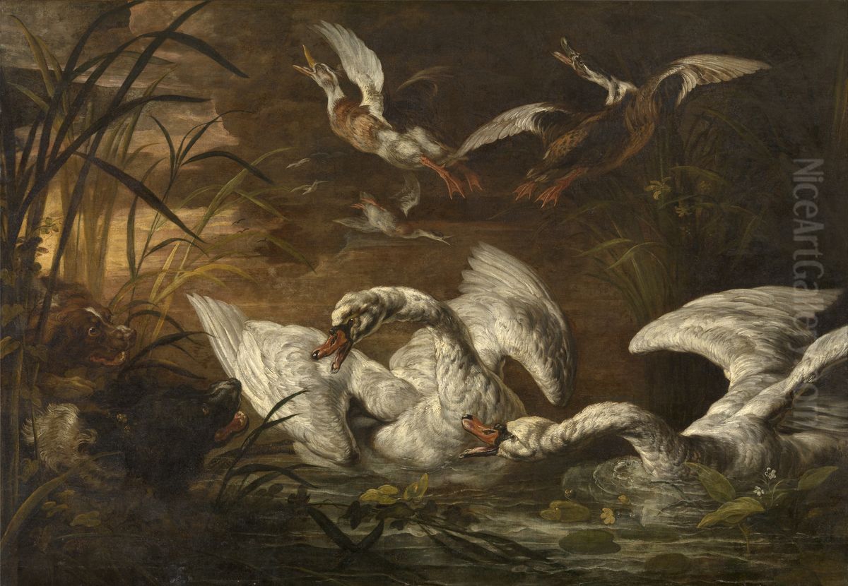 Zwanen  in een plas, opvliegende eenden en links op de oever twee honden Oil Painting by Nicasius Bernaerts