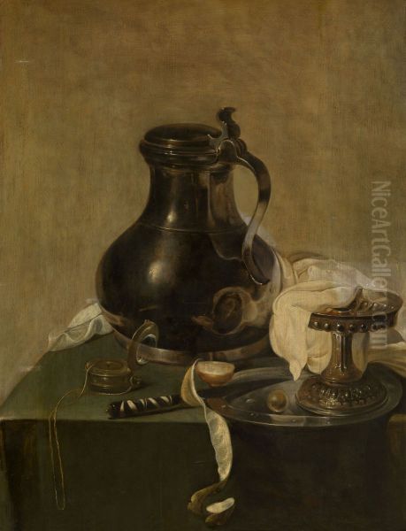 Stilleven met tinnen kruik Oil Painting by Jan Jansz Den Uyl