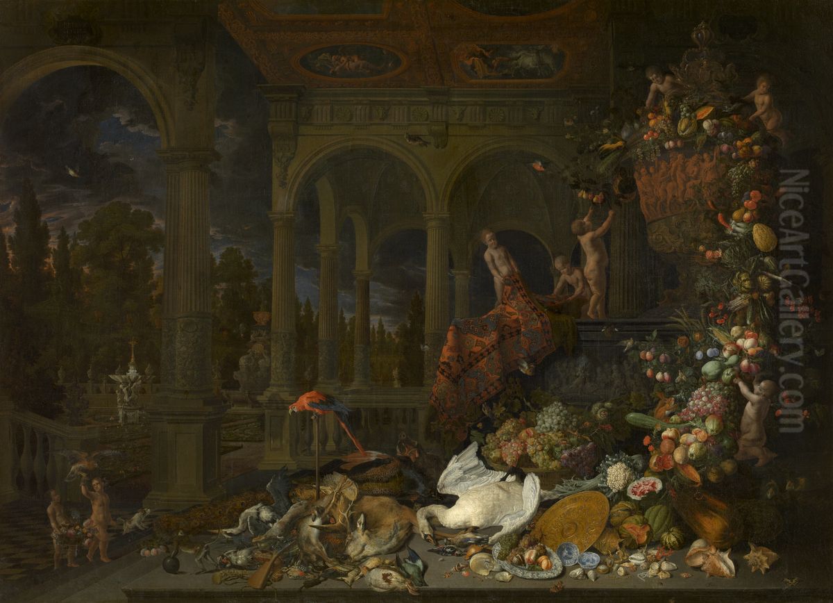 Stilleven van jachtbuit en vruchten bij een fontein onder een monumentaal portiek Oil Painting by Peeter Gijsels
