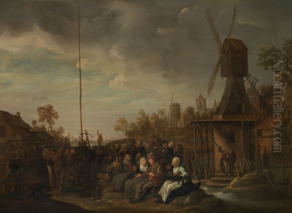 Boerengezelschap in een landschap bij een wedstrijd gaaischieten Oil Painting by Jan Miense Molenaer