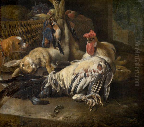 Stilleven met haan Oil Painting by Melchior D'Hondecoeter