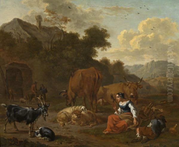Landschap met spinster en vee Oil Painting by Dirck van der Bergen