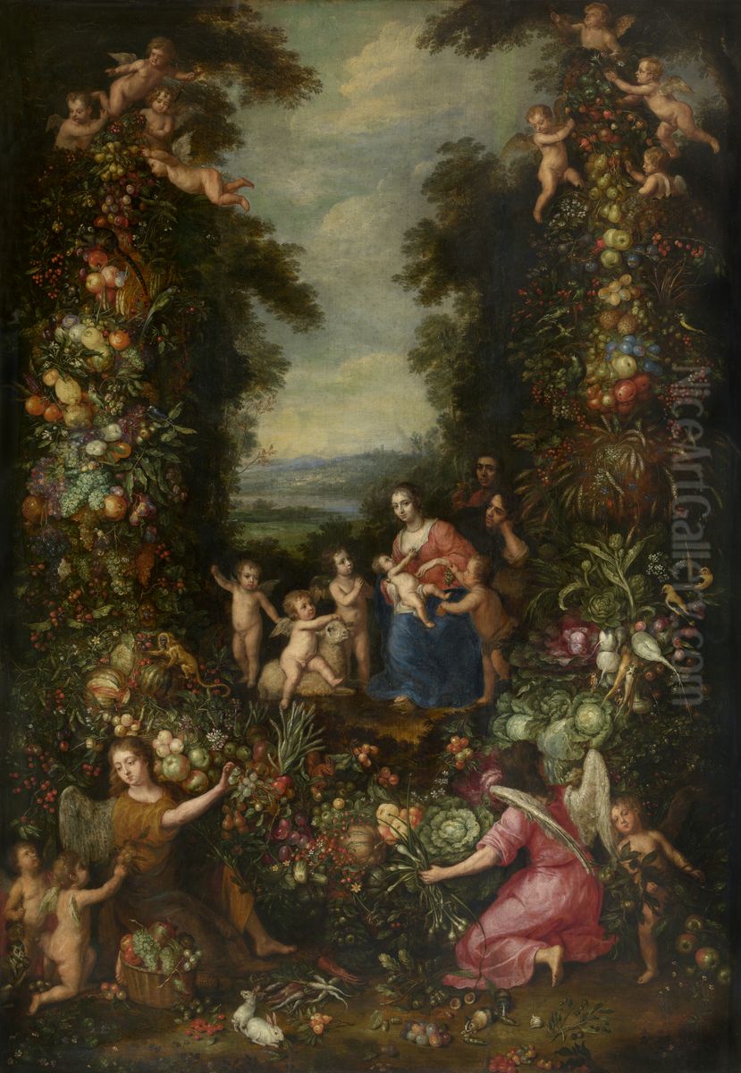 Heilige Familie en de kleine Johannes de Doper in een guirlande met bloemen, groenten en fruit Oil Painting by Pieter Van Avont