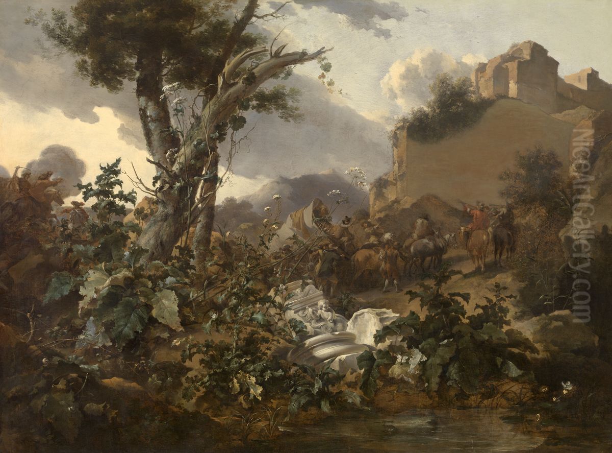 Italian Landscape with a Cavalry Battle Oil Painting by Nicolaes Pieterszoon Berchem