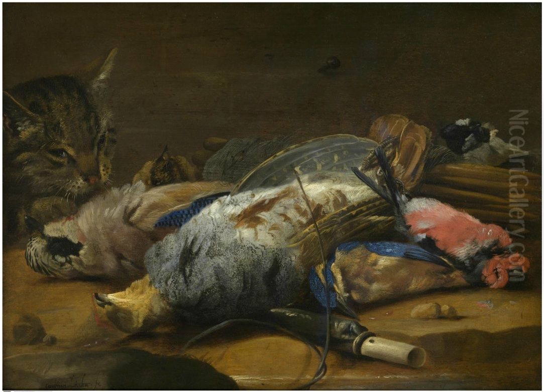Cat and dead fowl Oil Painting by Carstian Luyckx