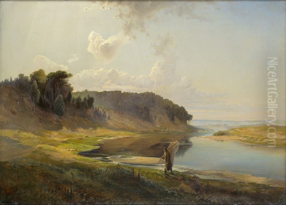 <<Pejzaz s rekoj i rybakom>> Oil Painting by Alexei Kondratievich Savrasov