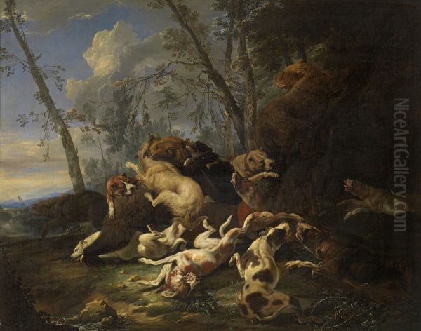 Bear Hunt Oil Painting by Carl Borromaus Andreas Ruthart