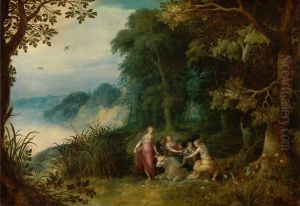 Wooded landscape with Europa and her friends decorating a bull