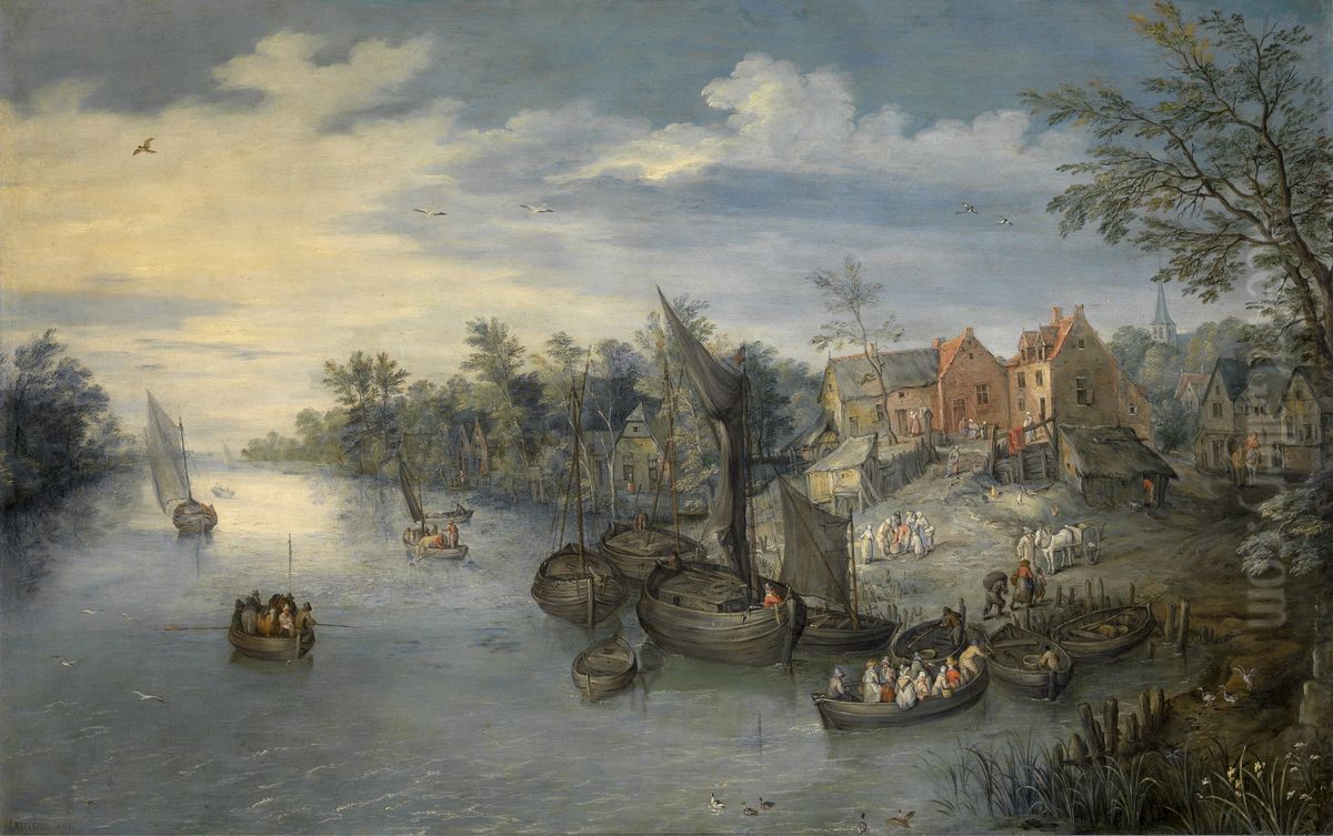 A River Landscape Oil Painting by Jan Brughel