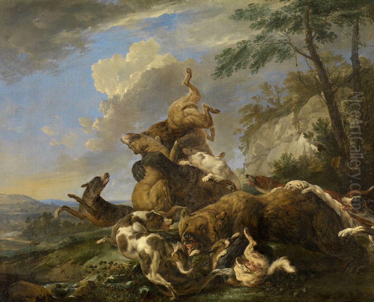 Bear Hunt Oil Painting by Carl Borromaus Andreas Ruthart