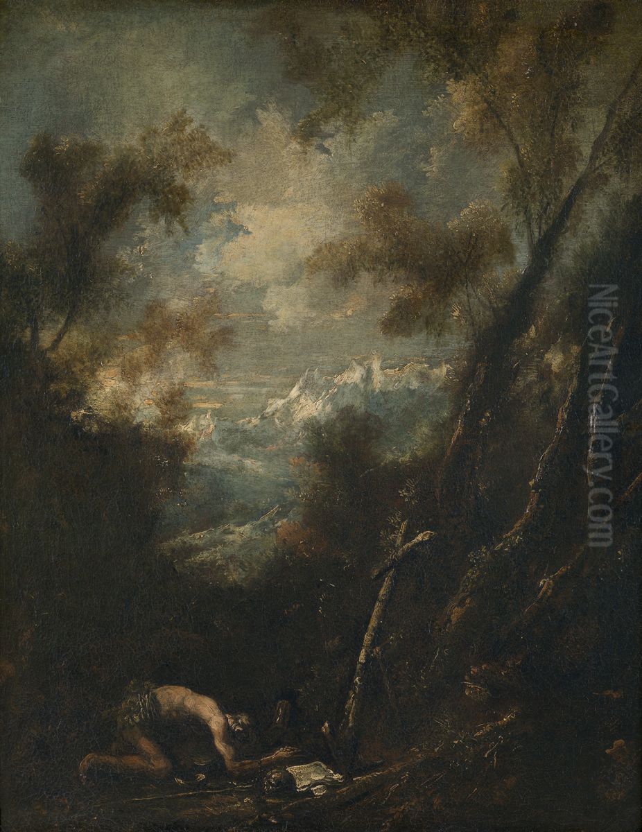 Saint Jerome in a Landscape Oil Painting by Alessandro Magnasco