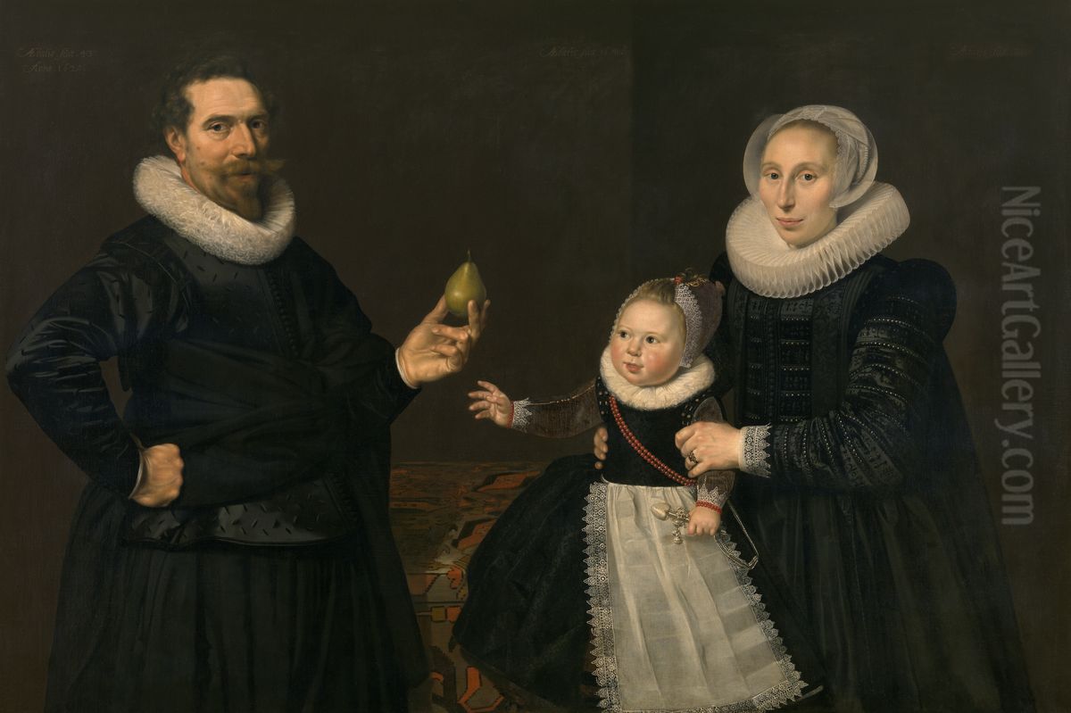 Portrait of a 43-year old man with wife and child Oil Painting by Cornelis van der Voort