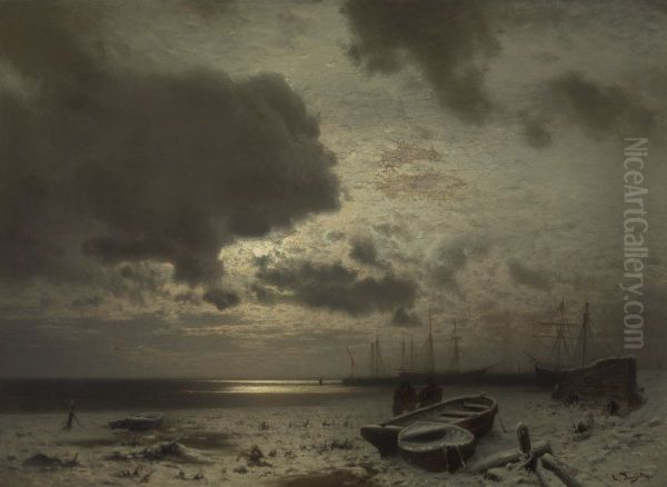 Moonlight in Winter Oil Painting by Louis, Carl Ludwig Douzette