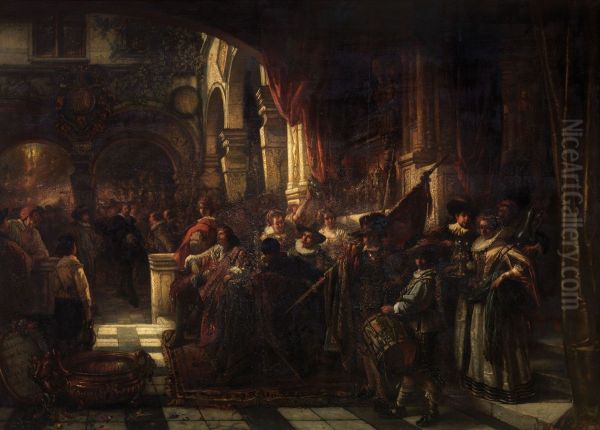 Ontvangst van Peter Paul Rubens in het Kolveniershof in Antwerpen Oil Painting by Jan August Hendrik Leys