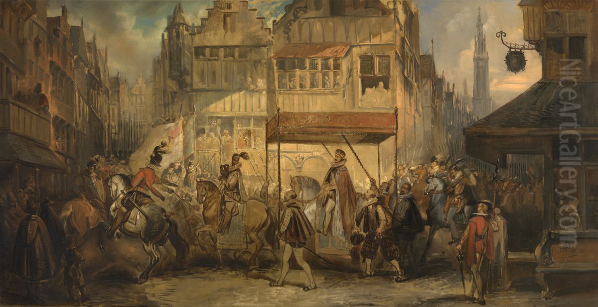 The Joyous Entry of the Duke of Anjou into Antwerp Oil Painting by Jan August Hendrik Leys