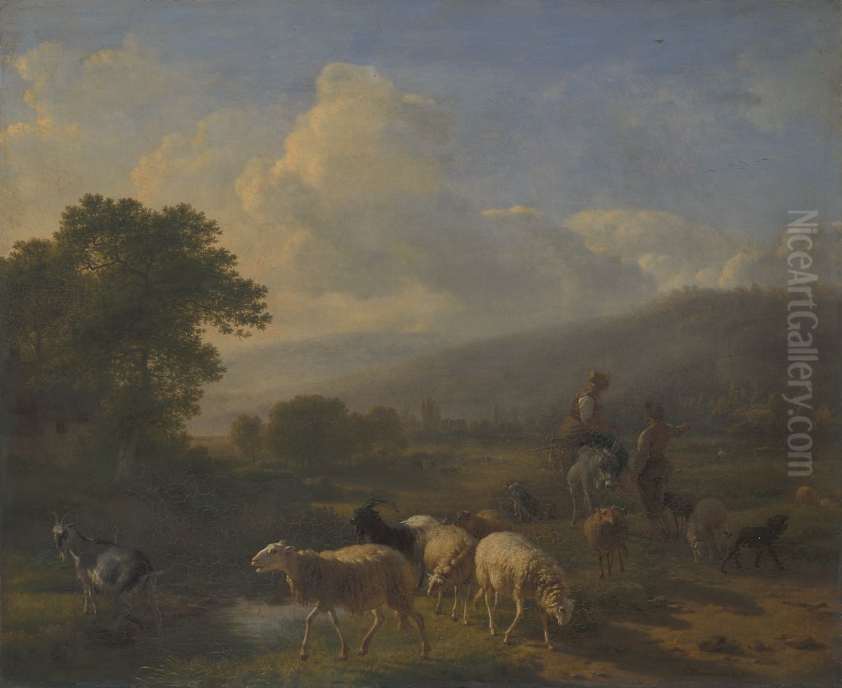 Shepherds with Sheep in a Mountainous Landscape Oil Painting by Balthasar-Paul Ommeganck