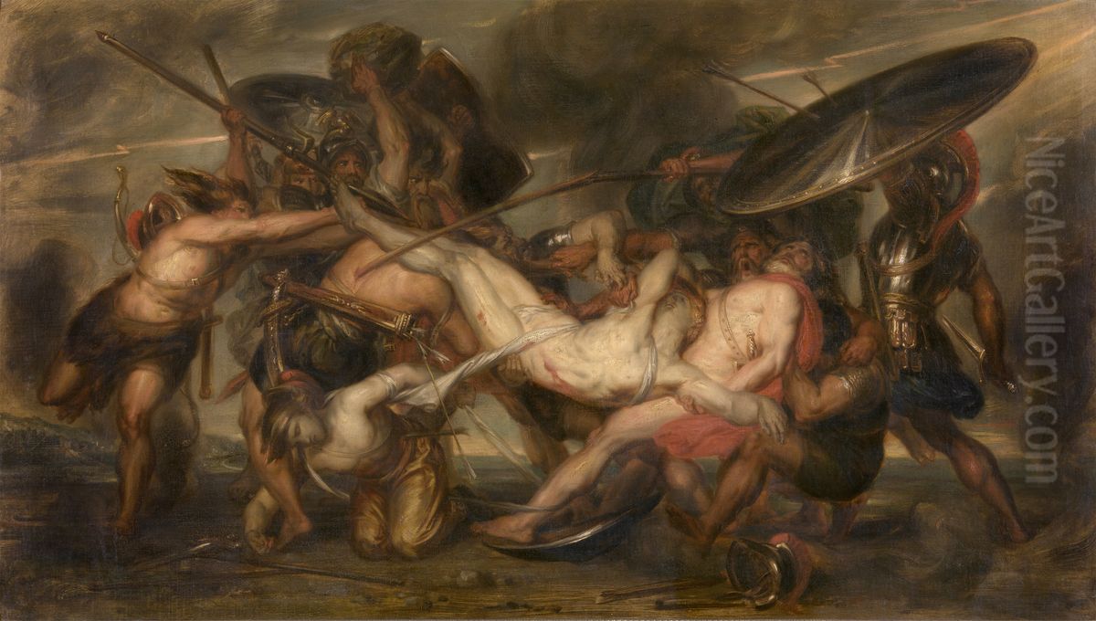 De Grieken en Trojanen vechten om het lijk van Patroclus Oil Painting by Antoine Wiertz
