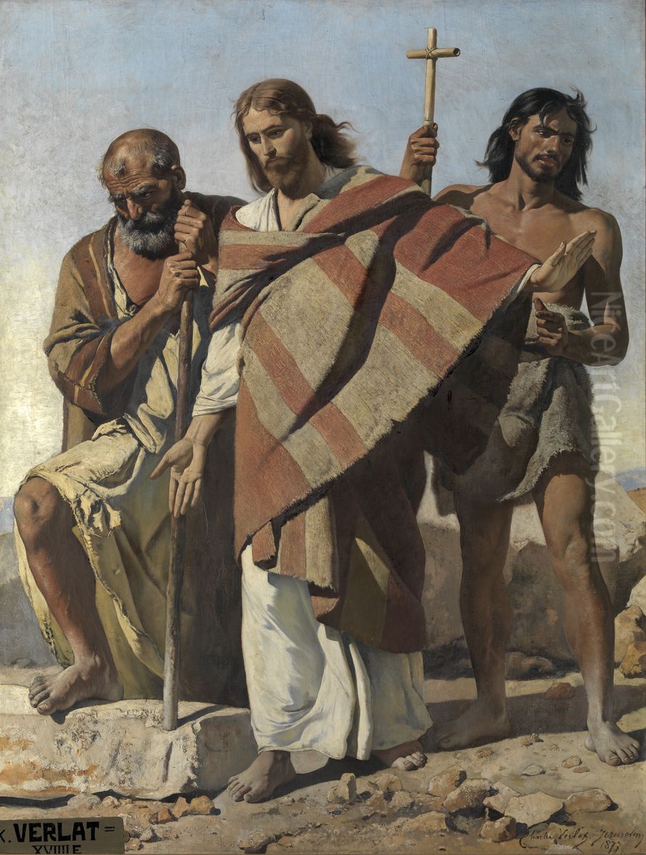 Jesus between Saint Peter and Saint John Baptist Oil Painting by Charles Verlat