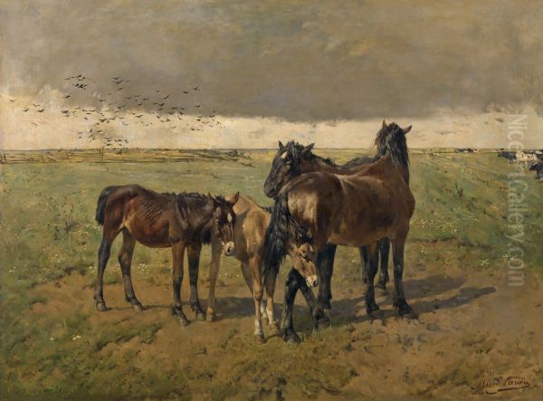 Veulens in de weide Oil Painting by Alfred Verwee