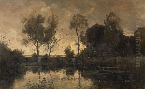 Evening Oil Painting by Theophile Emile Achille De Bock