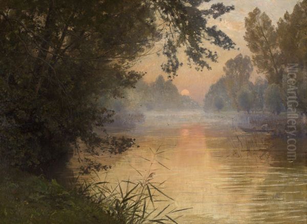 Sunset at the Banks of the Loing Oil Painting by Henri Zuber
