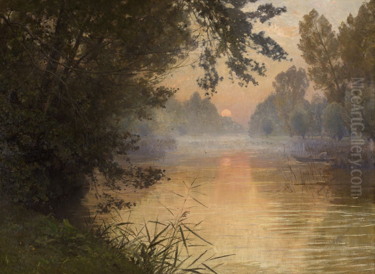 Zonsondergang aan de boorden van de Loing Oil Painting by Henri Zuber