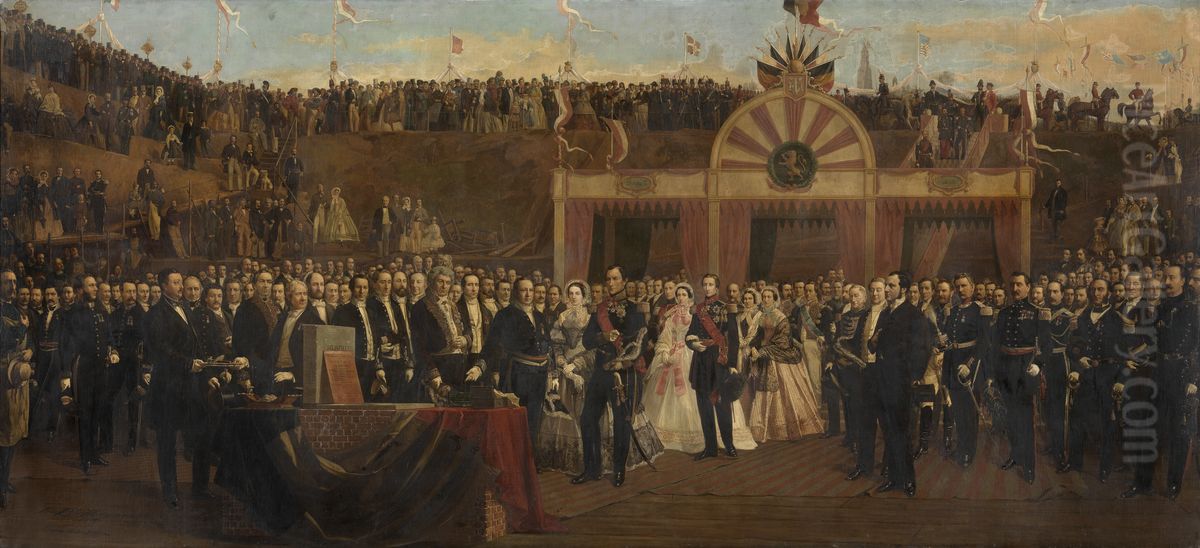 First Bricklaying of the Kattendijkdok in Antwerp Oil Painting by Jan-Baptist Huysmans