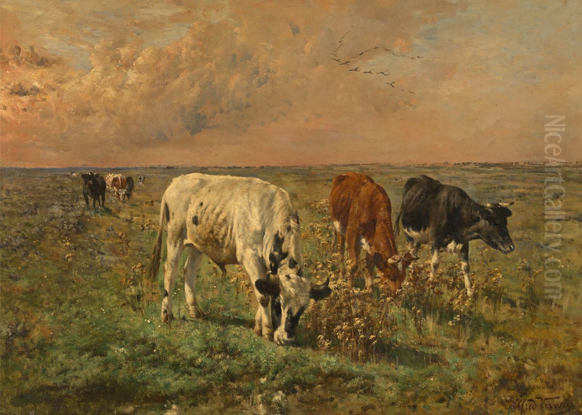Cows in a Pasture Oil Painting by Alfred Verwee