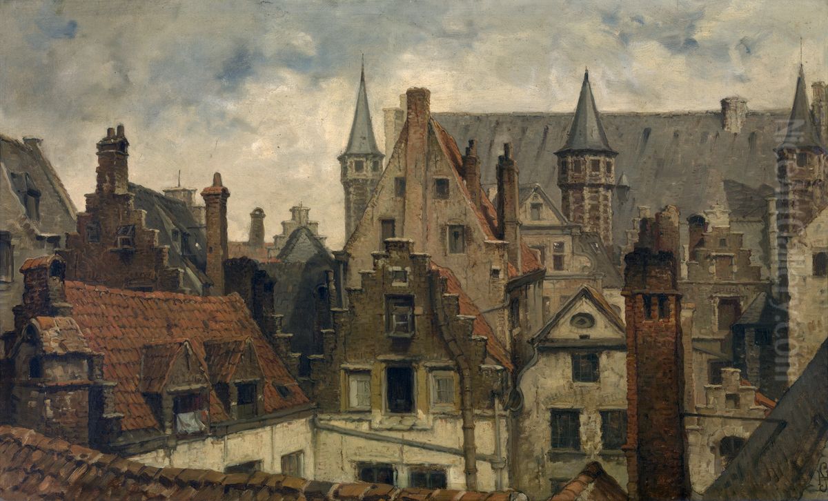 The Vleeshuis, Old Roofs and Crow-Stepped Gables Oil Painting by Hendrik Frans Schaefels