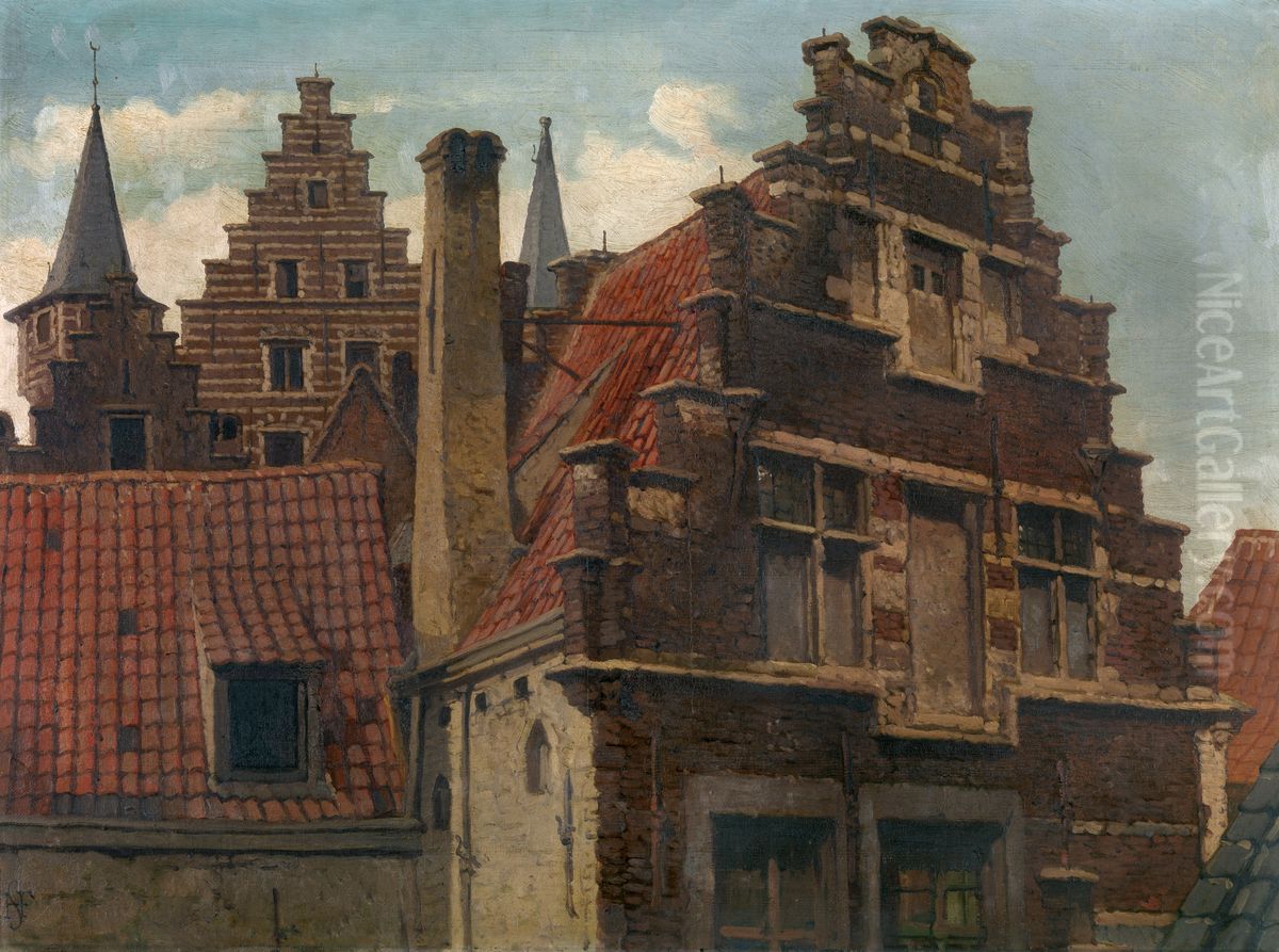 Het Vleeshuis en oude huizen Oil Painting by Hendrik Frans Schaefels