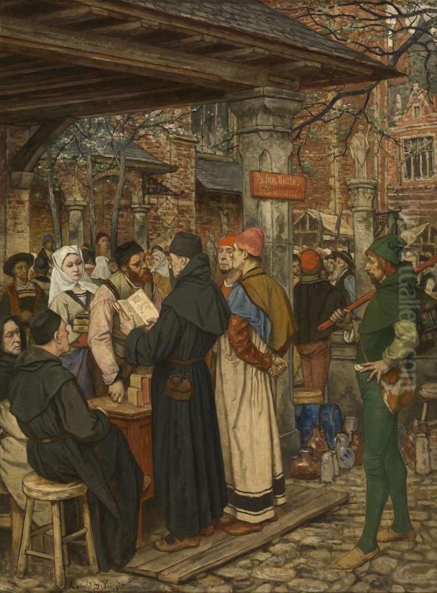 Jan Brito, de Brugse uitvinder van de boekdrukkunst Oil Painting by Albrecht De Vriendt Jan Brito, de Brugse uitvinder van de boekdrukkunst Oil Painting by Albrecht De Vriendt