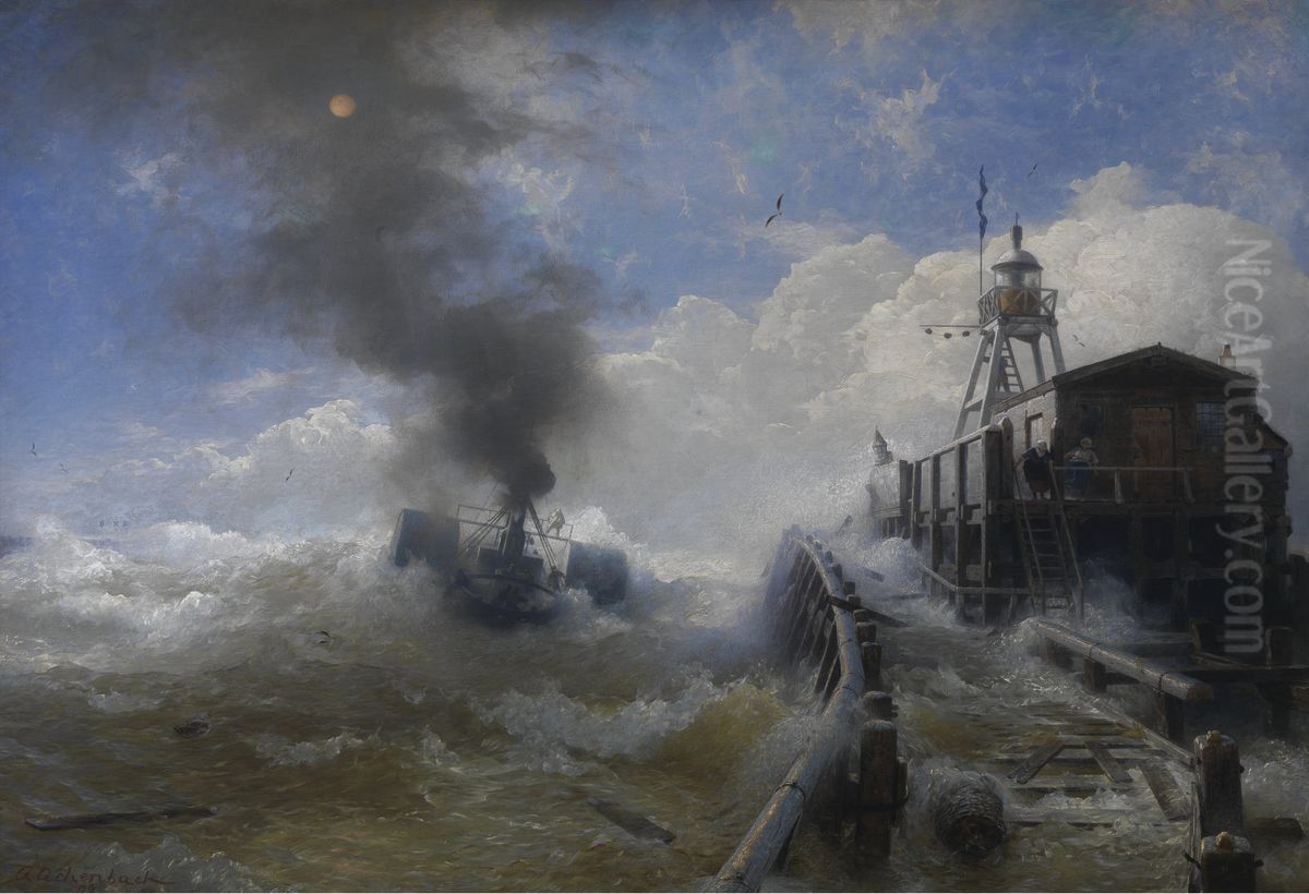 Ein Schlepper verlasst den Hafen von Ostende bei Flut Oil Painting by Andreas Achenbach