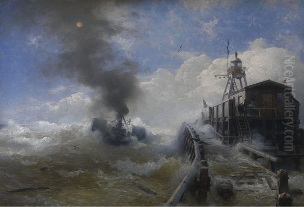 Ein Schlepper verlasst den Hafen von Ostende bei Flut Oil Painting by Andreas Achenbach