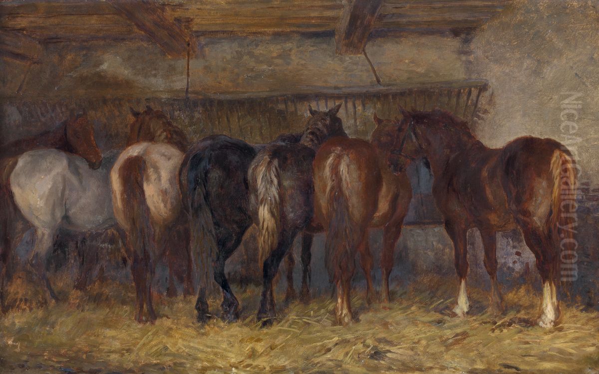 Paarden op stal Oil Painting by Charles Tschaggeny
