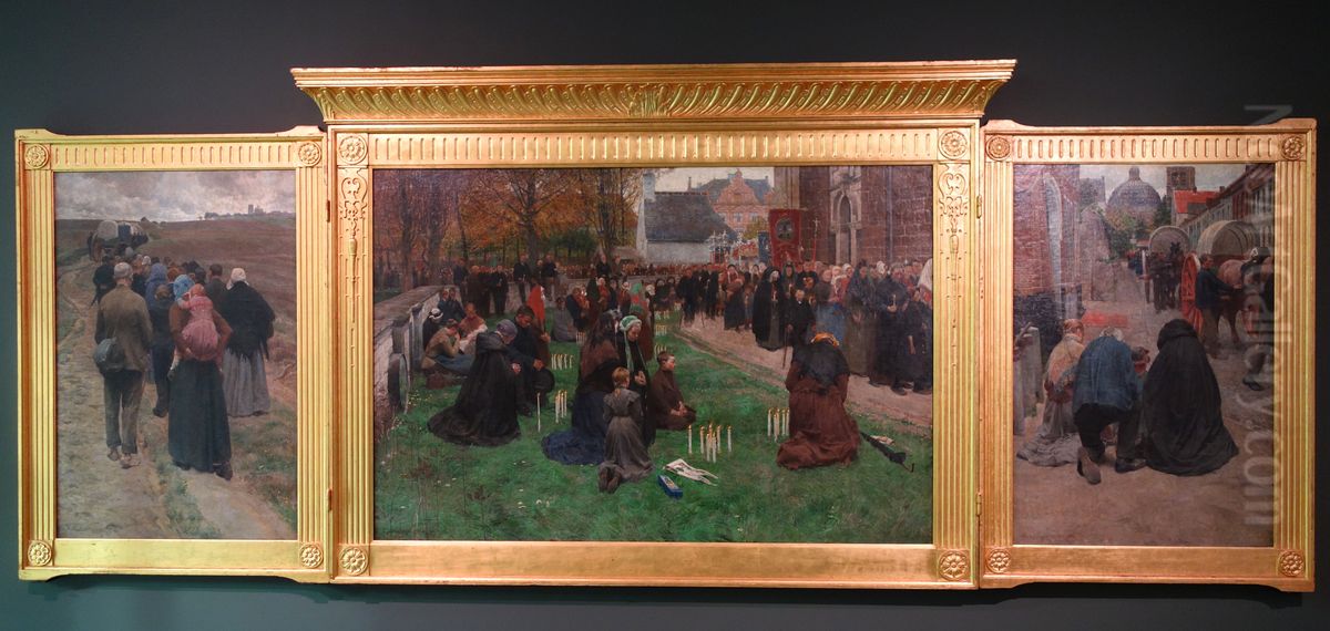 Bedevaarders trekken rond de kerk Oil Painting by Frans Van Leemputten