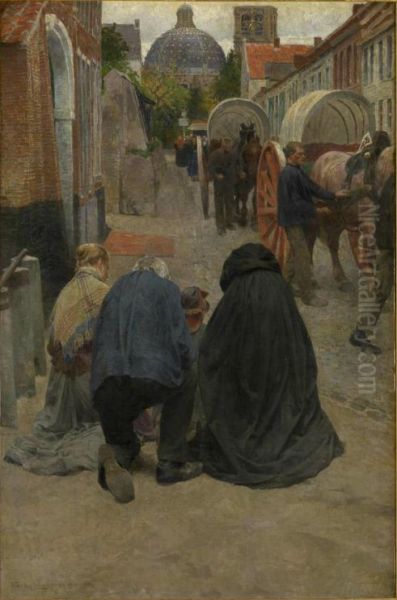 Candle procession in Scherpenheuvel (right panel} - Pilgrims arrive at the church Oil Painting by Frans Van Leemputten