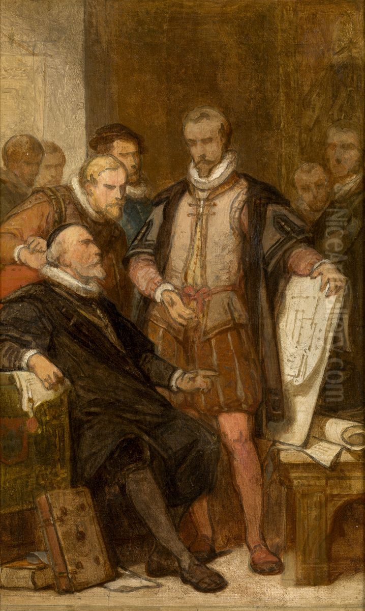 Cornelis Floris II toont het plan van het stadhuis Oil Painting by Nicaise de Keyser