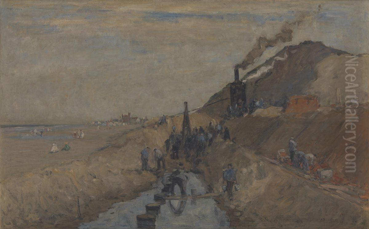 Dike Building on the Beach at Knokke Oil Painting by Richard Baseleer Dike Building on the Beach at Knokke Oil Painting by Richard Baseleer