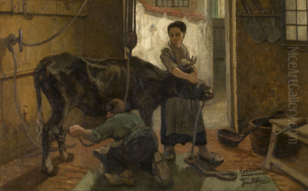 Slaughterhouse Oil Painting by Jan Stobbaerts