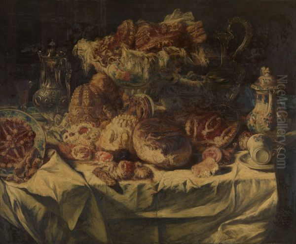 Stilleven met gebak Oil Painting by Willem Linnig Junior