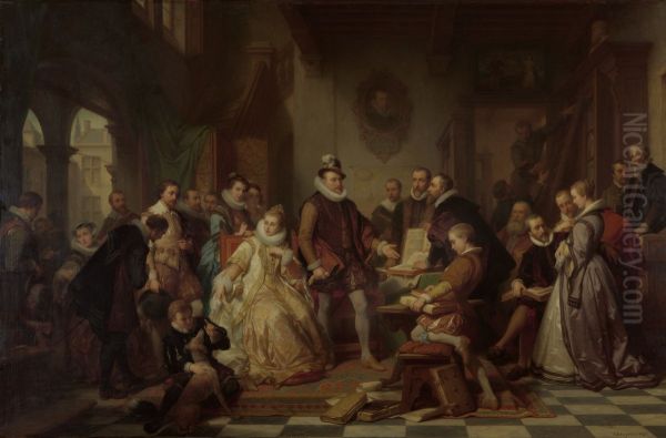 Bezoek van de aartshertogen Albert en Isabella aan de drukkerij Plantin Oil Painting by Nicaise de Keyser
