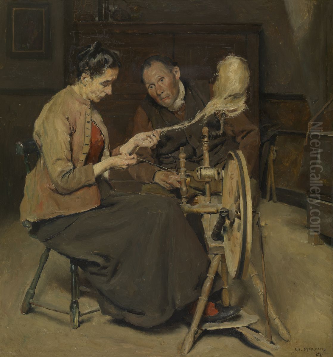 De spinster Oil Painting by Charles Mertens De spinster Oil Painting by Charles Mertens
