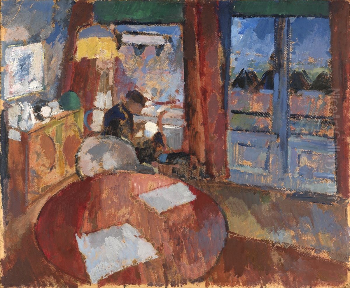 Interieur met borduurster Oil Painting by Rik Wouters