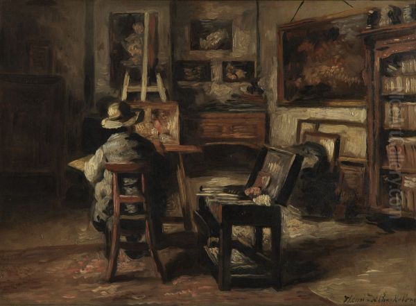 Het atelier van Ferdinand De Braekeleer I, vader van de kunstenaar Oil Painting by Henri de Braekeleer