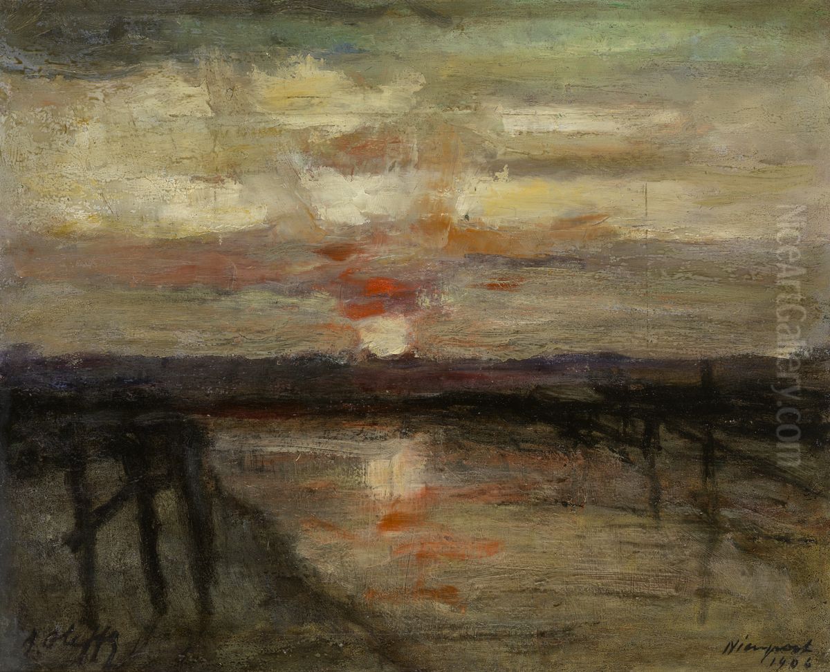 Sunset in Nieuwpoort Oil Painting by Auguste Oleffe