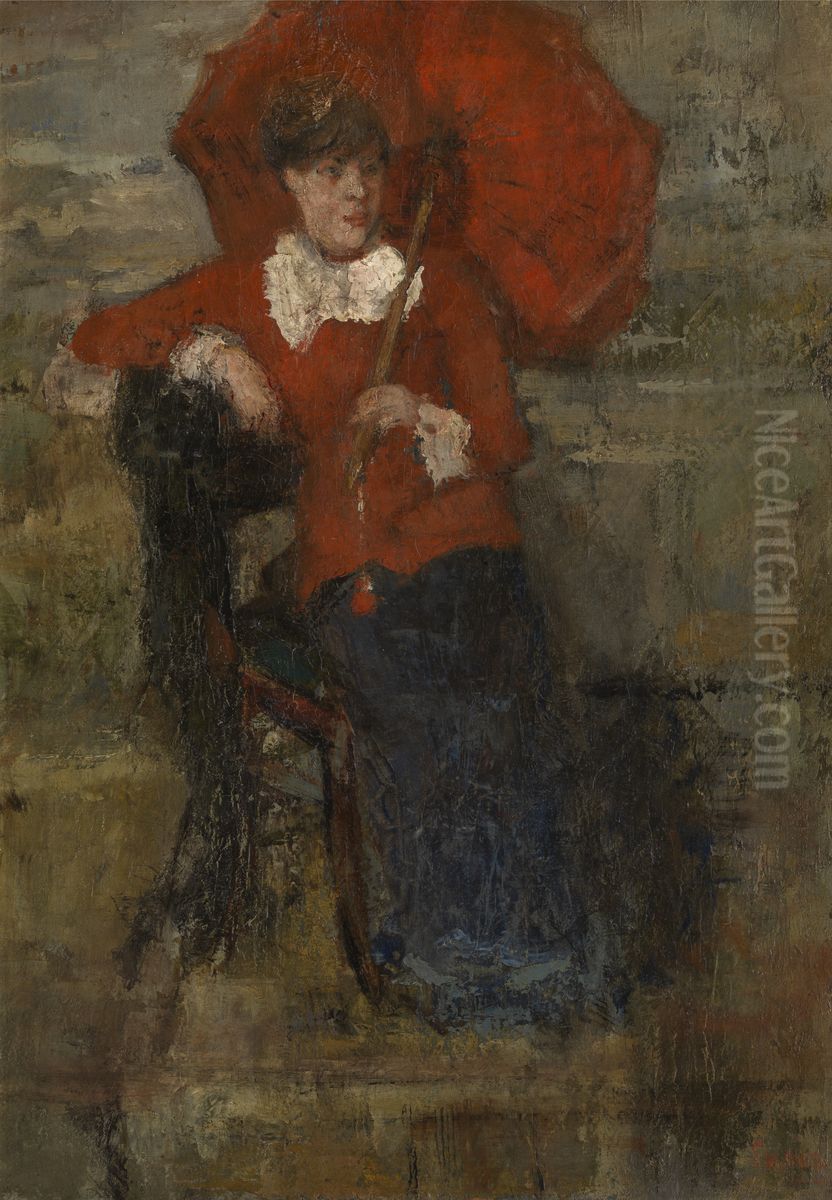 Dame met rode parasol Oil Painting by James Ensor